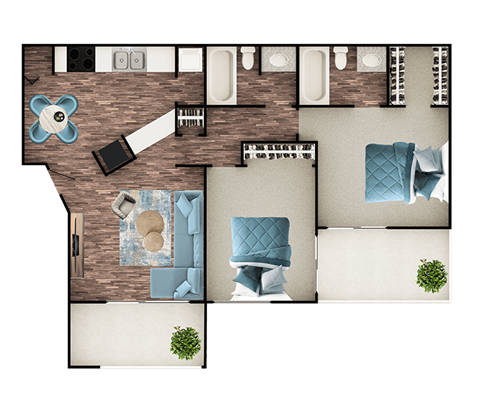 Floor plan for 2 beds, 2 baths, 822 sqft