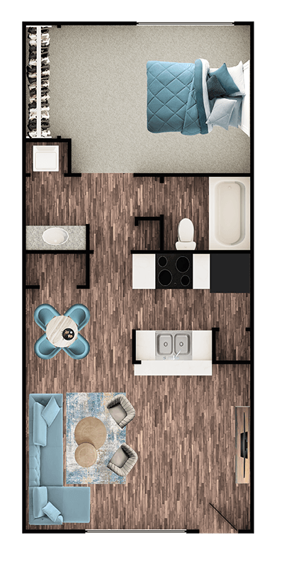 Floor plan for 1 bed, 1 bath, 608 sqft