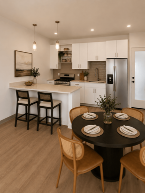Tucson apartment for rent - A modern kitchen with a dining table set for four.