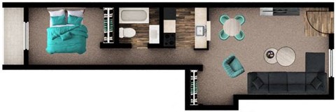 Floor plan for 1 bed, 1 bath, 632 sqft
