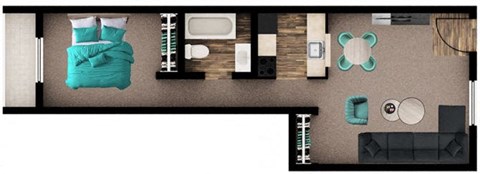 Floor plan for 1 bed, 1 bath, 664 sqft