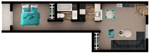 Floor plan for 1 bed, 1 bath, 689 sqft