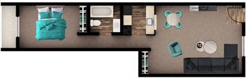 Floor plan for 1 bed, 1 bath, 731 sqft