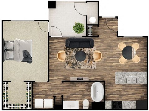 Floor plan for 1 bed, 1 bath, 937 sqft