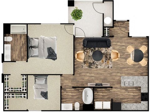 Floor plan for 2 beds, 2 baths, 1315 sqft