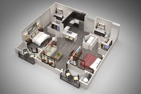 Floor plan for 2 beds, 2 baths, 1023 sqft