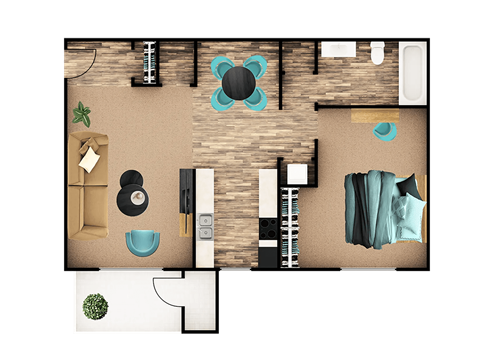 Floor plan for 1 bed, 1 bath, 680 sqft