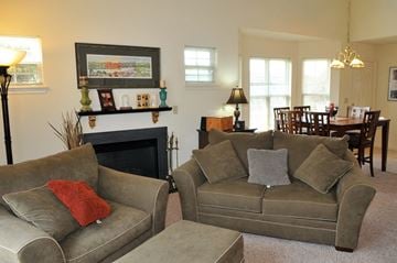 Harrisburg apartment for rent - A living room with a grey couch and a fireplace.