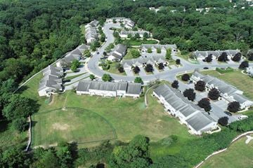 Harrisburg apartment for rent - A bird's eye view of a residential area with houses and a green lawn.