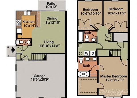 Floor plan for 3 beds, 2.5 baths, 1487 sqft