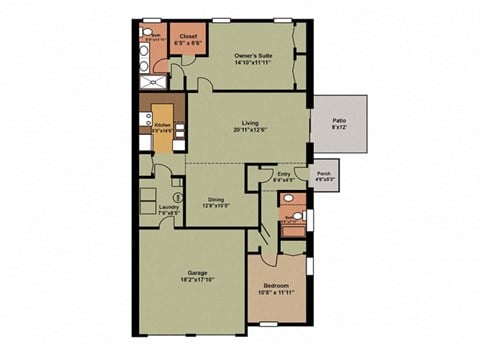 Floor plan for 2 beds, 2 baths, 1267 sqft