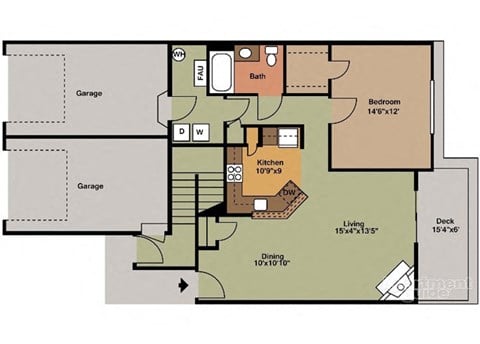 Floor plan for 1 bed, 1 bath, 868 sqft