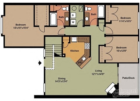 Floor plan for 3 beds, 2 baths, 1530 sqft