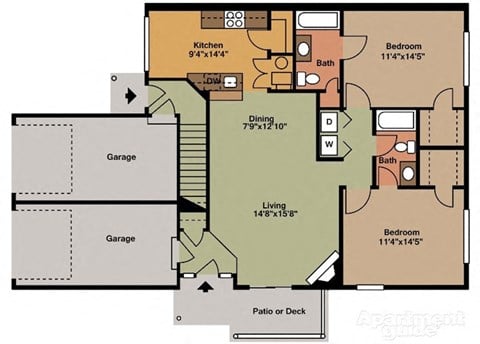 Floor plan for 2 beds, 2 baths, 1107 sqft