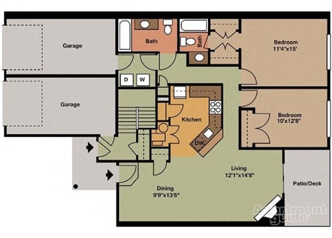Floor plan for 2 beds, 2 baths, 1107 sqft