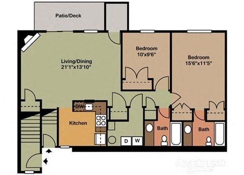 Floor plan for 2 beds, 2 baths, 1083 sqft