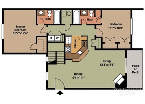 Floor plan for 2 beds, 2 baths, 1220 sqft