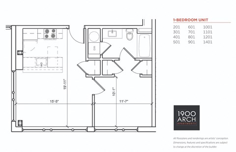 Floor plan for 1 bed, 1 bath, 617 sqft