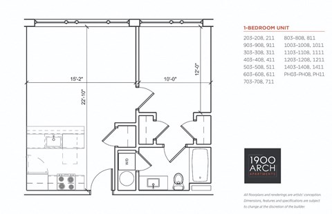 Floor plan for 1 bed, 1 bath, 642 sqft