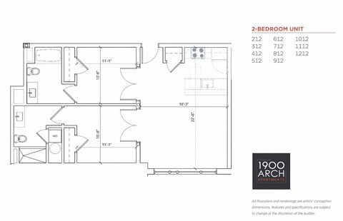 Floor plan for 2 beds, 2 baths, 935 sqft