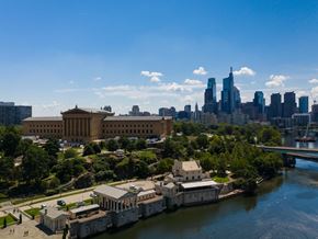 Philadelphia apartment for rent - the Philadelphia Water Works and Philadelphia Museum of Art next to the river with the skyline behind it