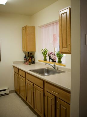 Randolph apartment for rent - a small kitchen with a sink and wooden cabinets