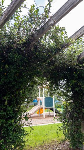 Miami apartment for rent - A playground is seen through a leafy archway.