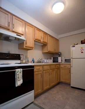 Chicopee apartment for rent - a kitchen with white appliances and wooden cabinets