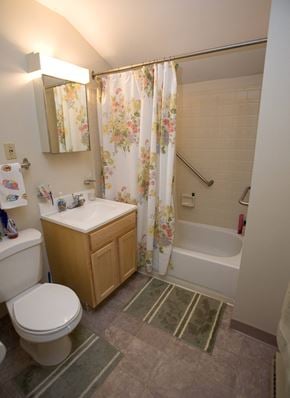 Chicopee apartment for rent - a bathroom with a toilet sink and tub and a shower curtain