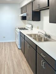 Chicago apartment for rent - A kitchen with a stove, dishwasher, and sink.