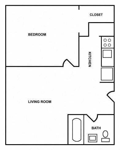 Floor plan for 1 bed, 1 bath, 416 sqft