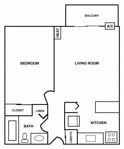 Floor plan for 1 bed, 1 bath, 520 sqft