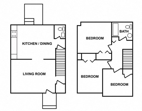 Floor plan for 3 beds, 2 baths, 1040 sqft
