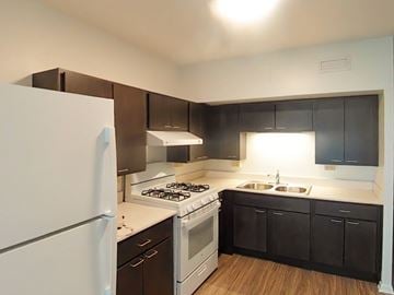 Chicago apartment for rent - A kitchen with a white refrigerator, black cabinets, and a white stove top oven.