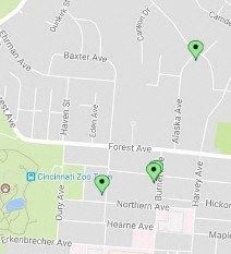Cincinnati apartment for rent - a map of a city with green markers on it