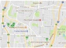Cincinnati apartment for rent - a map of a city with green dots on it