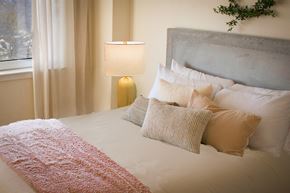 Salem apartment for rent - a bedroom with a bed and pillows and a lamp