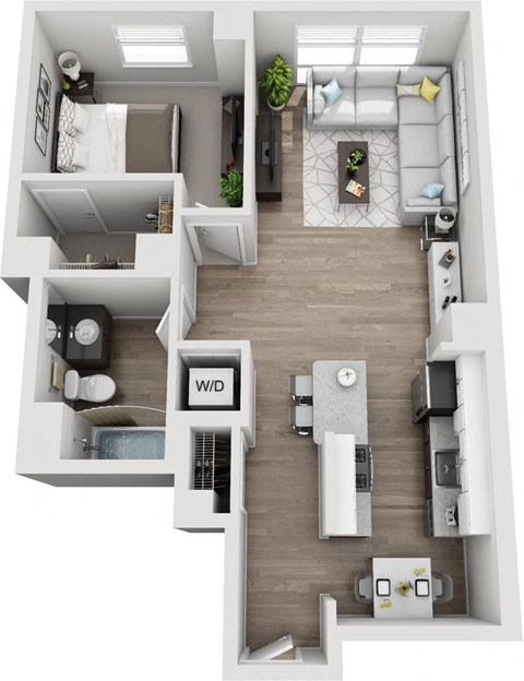 Floor plan for 1 bed, 1 bath, 750 sqft