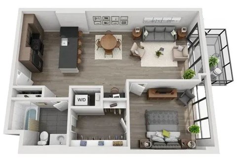 Floor plan for 1 bed, 1 bath, 855 sqft