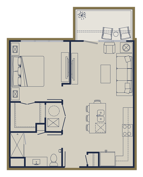 Floor plan for 1 bed, 1 bath, 672 sqft