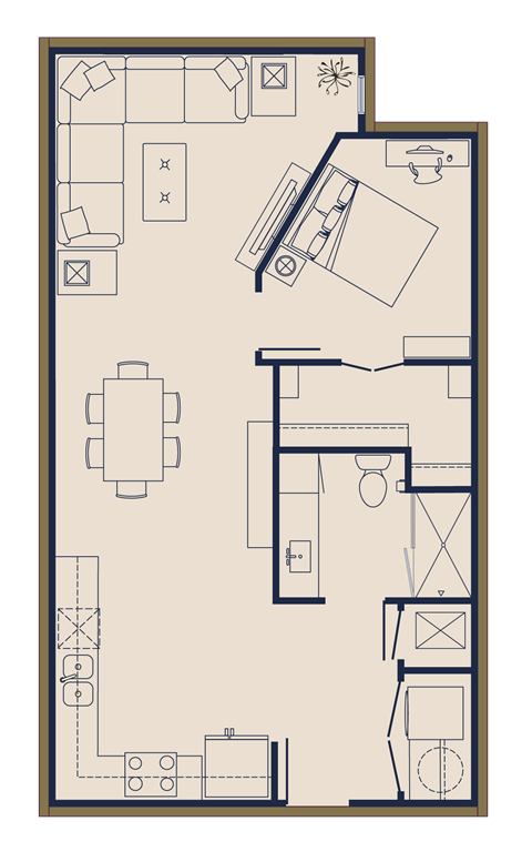 Floor plan for 1 bed, 1 bath, 729 sqft