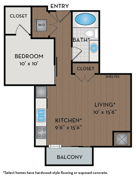 Floor plan for 1 bed, 1 bath, 611 sqft