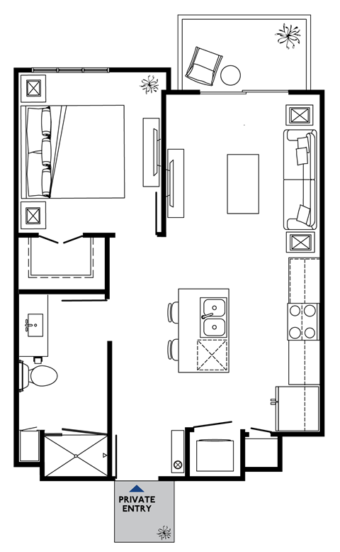 Floor plan for 1 bed, 1 bath, 585 sqft