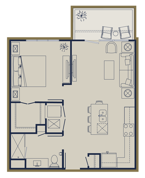 Floor plan for 1 bed, 1 bath, 668 sqft