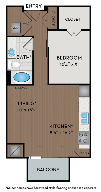 Floor plan for 1 bed, 1 bath, 674 sqft
