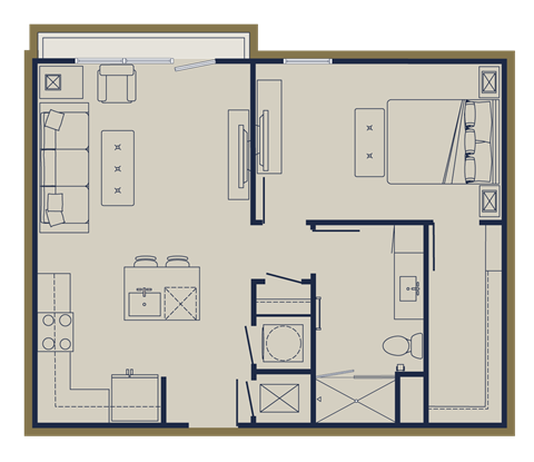 Floor plan for 1 bed, 1 bath, 689 sqft