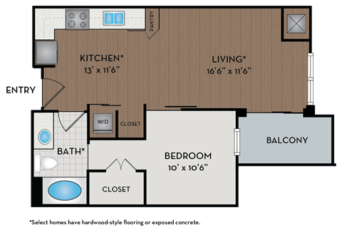 Floor plan for 1 bed, 1 bath, 613 sqft