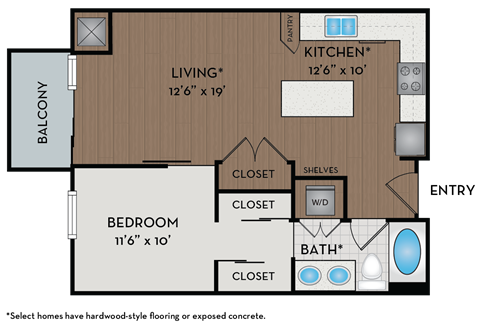 Floor plan for 1 bed, 1 bath, 700 sqft