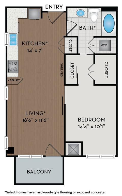 Floor plan for 1 bed, 1 bath, 713 sqft