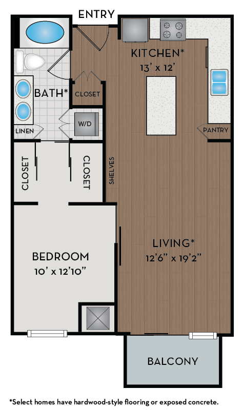 Floor plan for 1 bed, 1 bath, 745 sqft
